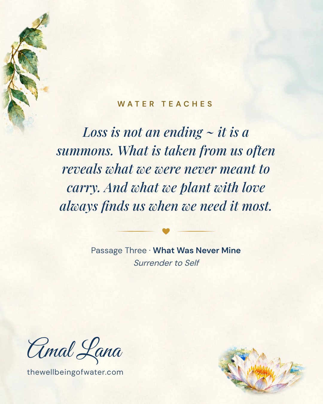Water Teaches card: Loss is not an ending ~ it is a summons. What is taken from us often reveals what we were never meant to carry. And what we plant with love always finds us when we need it most.