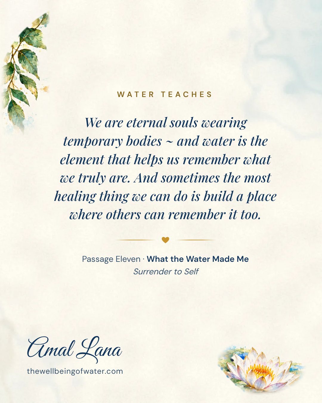 Water Teaches card: We are eternal souls wearing temporary bodies ~ and water is the element that helps us remember what we truly are. And sometimes the most healing thing we can do is build a place where others can remember it too.